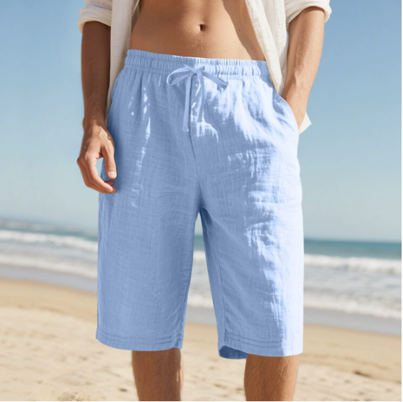 Knee-length men's chino shorts with a comfortable drawstring waist; great for spring-summer casual wear.