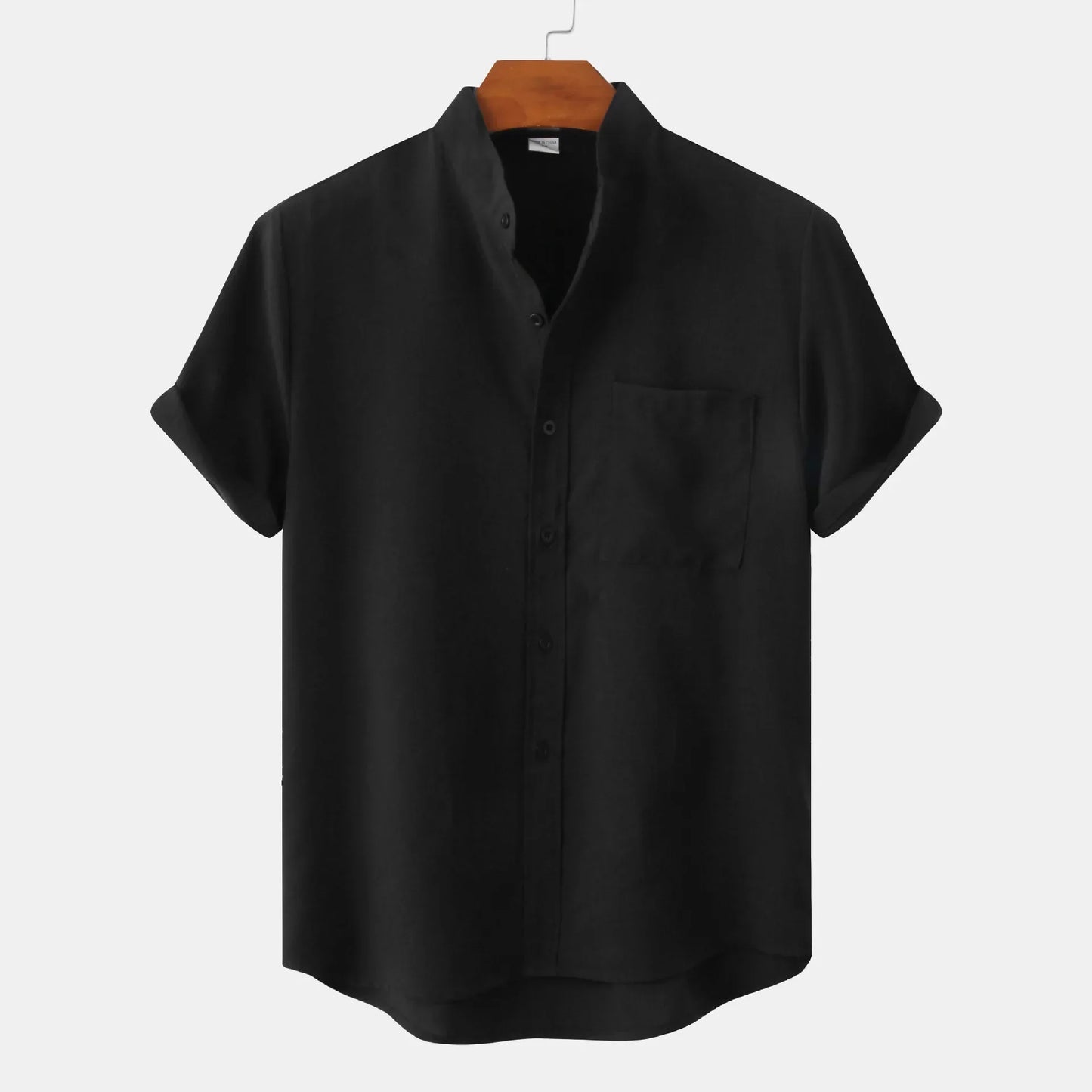 Men's relaxed fit collarless button-up shirt in a light fabric, perfect for summer casual wear and warm weather.