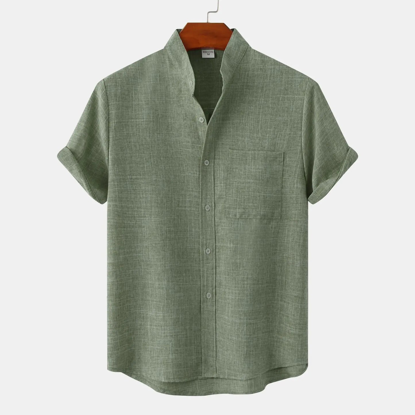 Versatile men's collarless button-up shirt with a relaxed fit, ideal for smart casual or everyday summer wear.