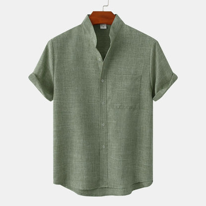 Versatile men's collarless button-up shirt with a relaxed fit, ideal for smart casual or everyday summer wear.