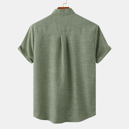Easy-care men's short sleeve collarless shirt, relaxed fit for ultimate comfort in warm summer weather.