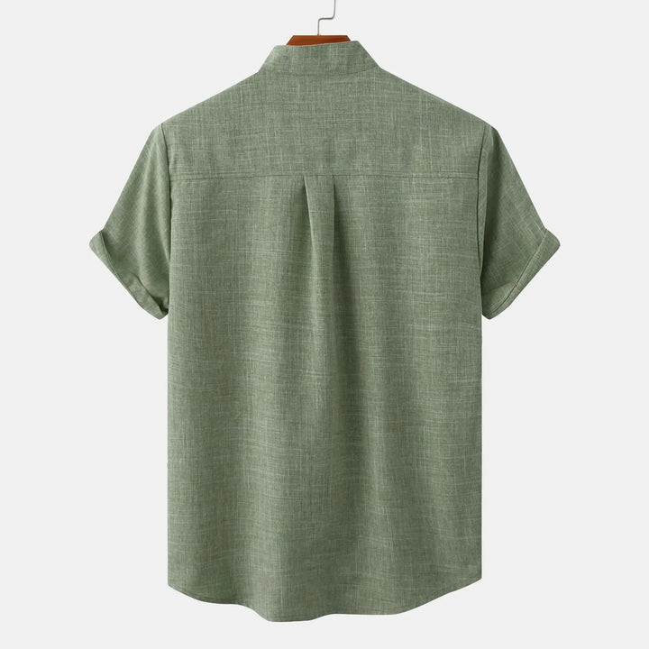 Easy-care men's short sleeve collarless shirt, relaxed fit for ultimate comfort in warm summer weather.