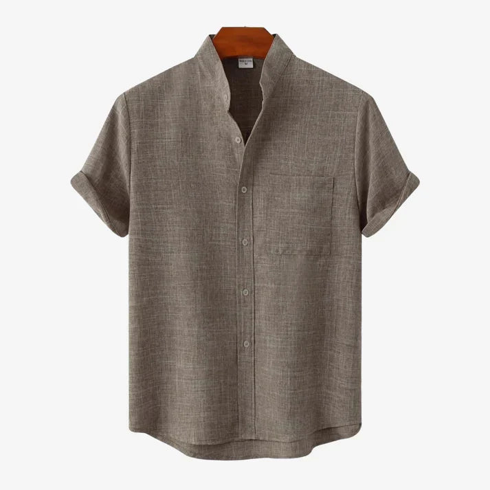 Stylish men's collarless button-up shirt in a relaxed fit, a modern casual summer top for men's fashion.