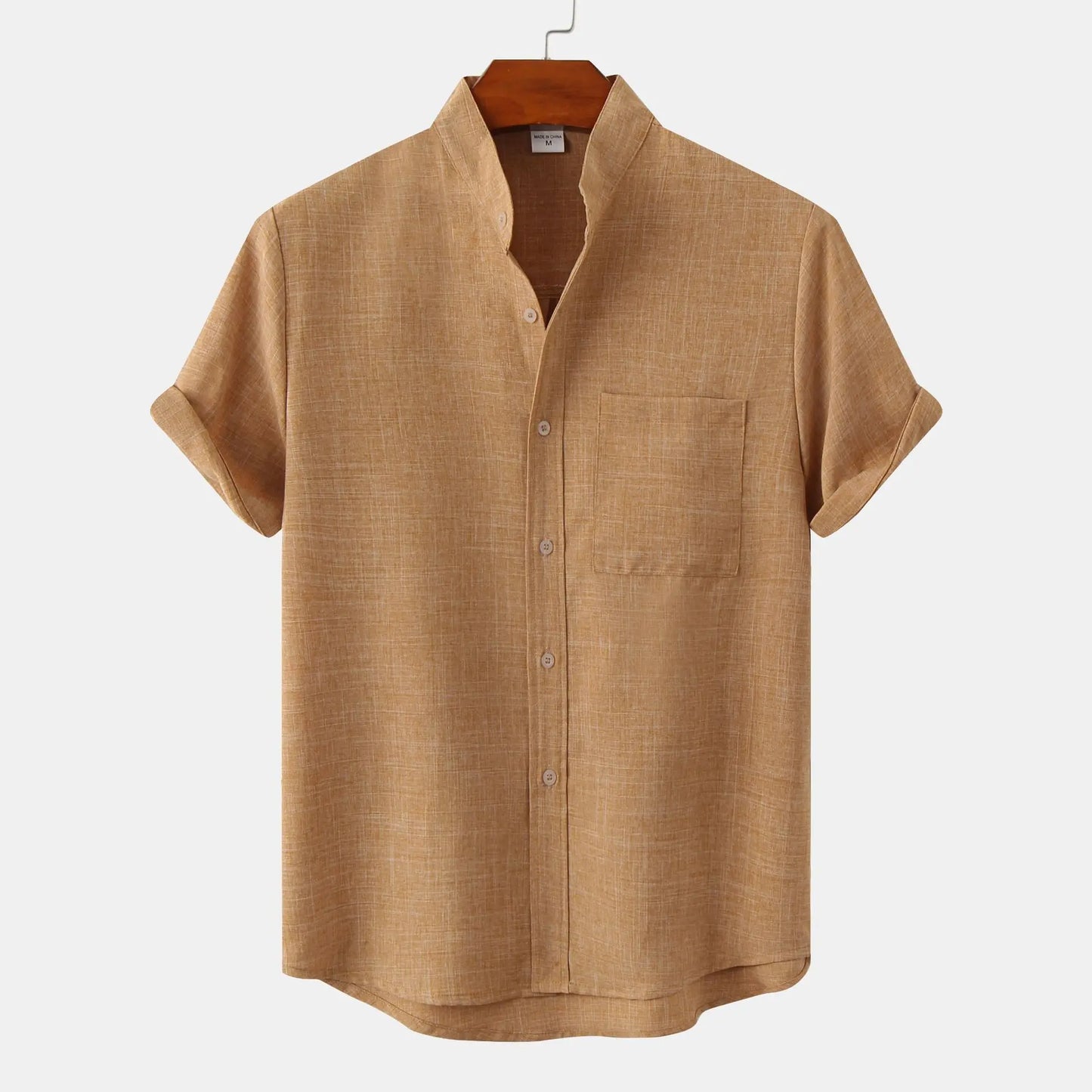 Men's short sleeve collarless shirt with a button-up front, offering a relaxed fit for comfortable summer style.