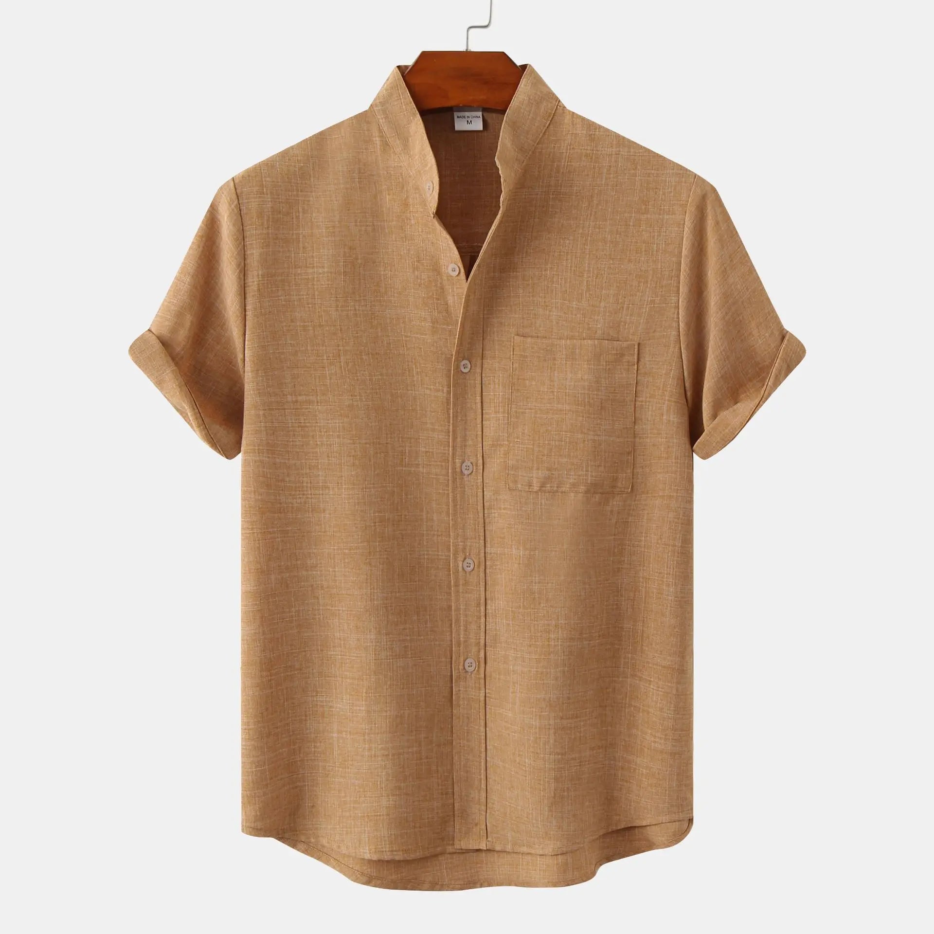Men's short sleeve collarless shirt with a button-up front, offering a relaxed fit for comfortable summer style.