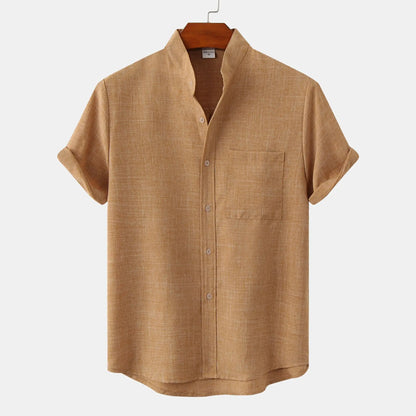 Men's short sleeve collarless shirt with a button-up front, offering a relaxed fit for comfortable summer style.