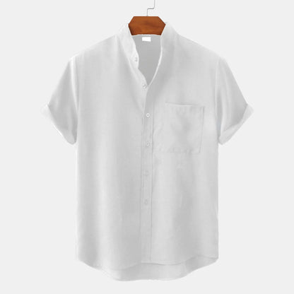 Comfortable men's relaxed fit collarless button-up top, a must-have casual summer shirt for men's fashion.