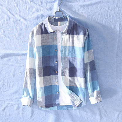 Men's relaxed fit cotton-linen button-up shirt, perfect for casual summer wear. Features long sleeves & rollable cuffs.