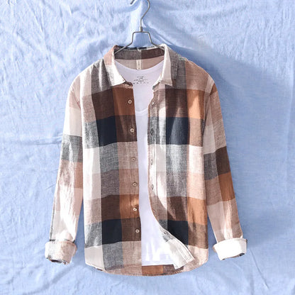 Casual men's long-sleeve cotton-linen button-up shirt with a relaxed fit, ideal for warm weather fashion.