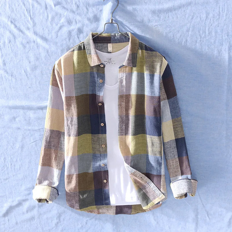 Comfortable men's relaxed fit cotton-linen button-up shirt with rollable cuffs, a versatile casual summer staple.