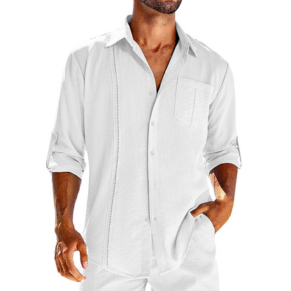 Relaxed fit men's button-down short sleeve shirt in a Cuban style, perfect for casual summer days.