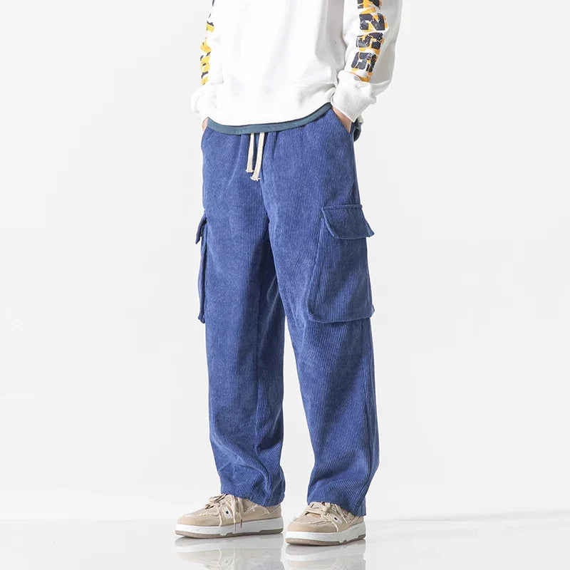 Men's relaxed fit dark blue drawstring cargo pants for casual everyday wear.