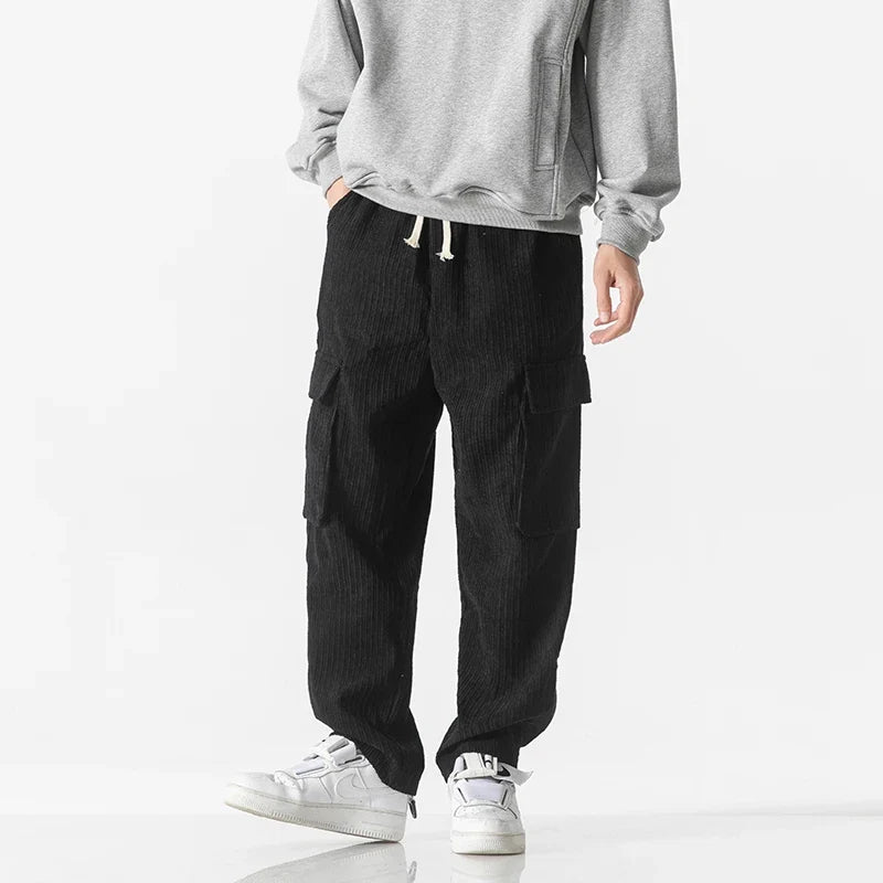 Everyday khaki men's cargo pants with adjustable drawstring, combining comfort & utility.