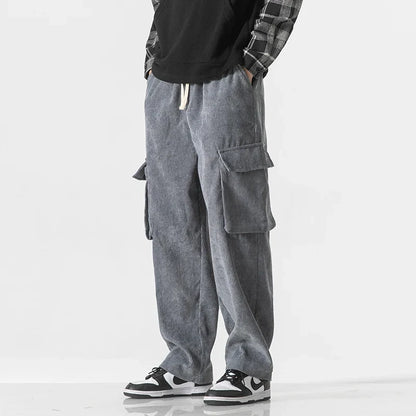 Comfortable khaki men's cargo pants with adjustable drawstring waist, ideal for versatile styling.