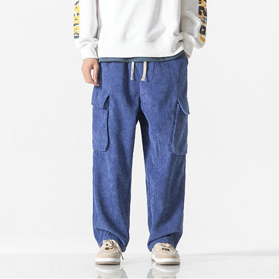 Khaki men's relaxed fit cargo pants with drawstring waist, great for comfort and style.