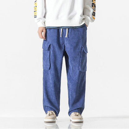 Khaki men's relaxed fit cargo pants with drawstring waist, great for comfort and style.