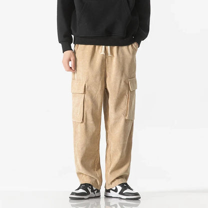Dark grey men's casual cargo bottoms, featuring a drawstring closure & practical design.