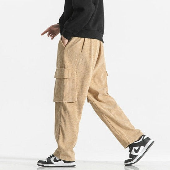 Stylish black men's drawstring cargo pants, offering a relaxed fit for daily fashion.