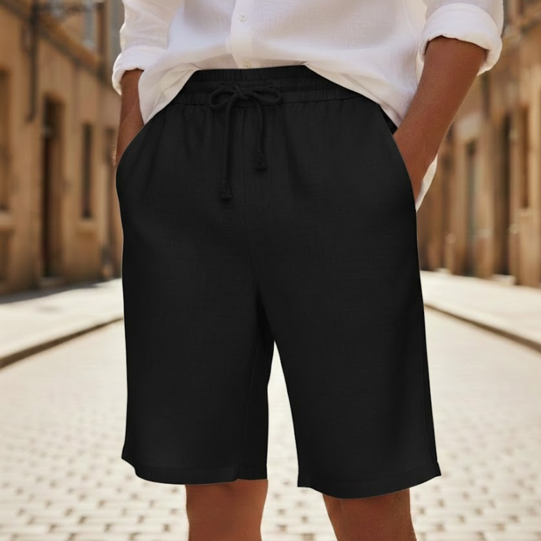 Stylish men's knee-length drawstring shorts, relaxed fit, great for ultimate summer comfort & versatility.