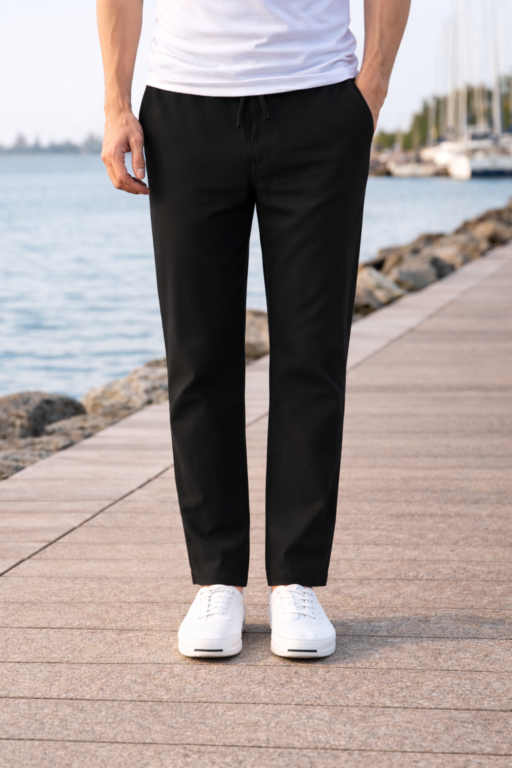 Soft, comfortable men's relaxed fit drawstring trousers. Casual straight leg pants for everyday wear & relaxed style.
