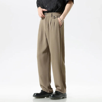 Khaki men's relaxed fit formal pants, perfect for business attire or smart casual. Enhanced comfort.