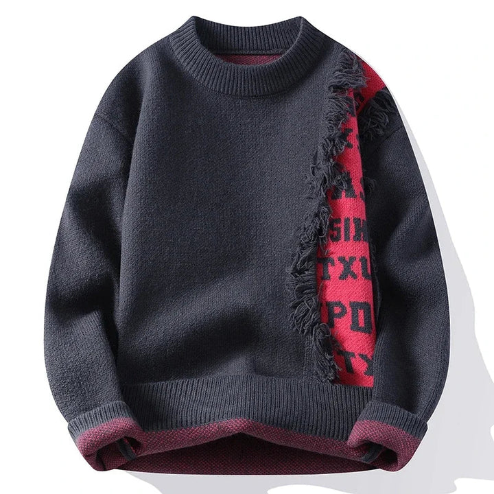 Men's relaxed fit frayed sweater with bold contrast styling. Casual long sleeve menswear for a stylish statement.
