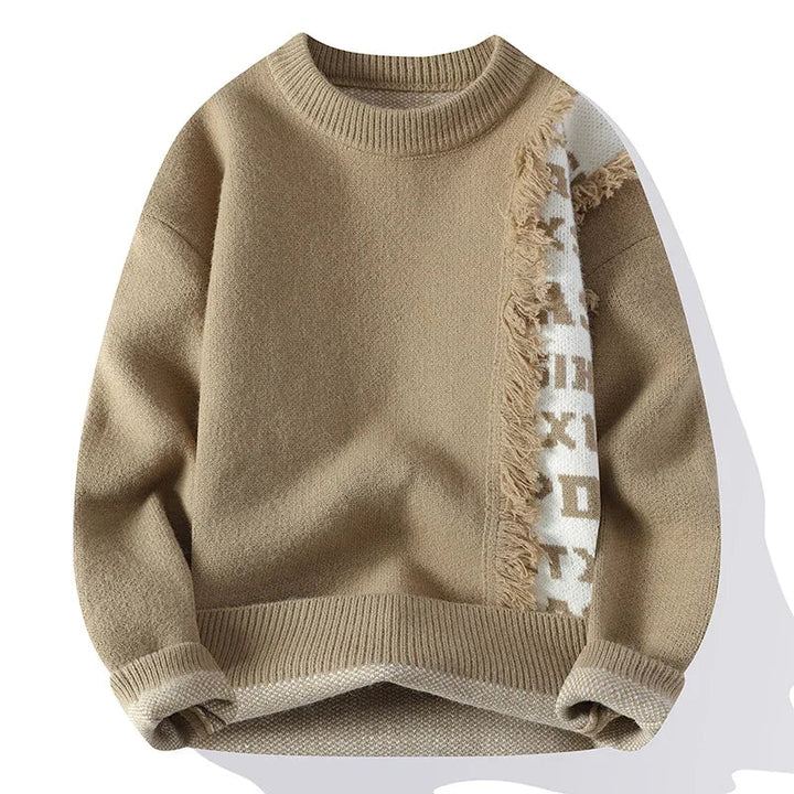 Casual men's relaxed sweater with unique frayed edges & bold contrast details. Long sleeve menswear statement piece.
