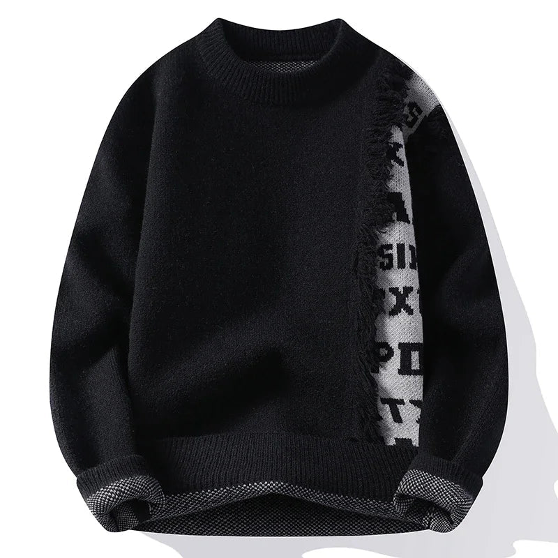 Modern men's frayed long sleeve sweater. Relaxed fit, bold contrast style, perfect for a casual yet stylish look.