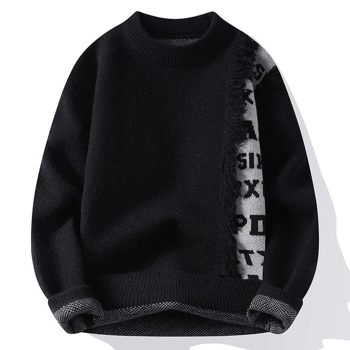 Modern men's frayed long sleeve sweater. Relaxed fit, bold contrast style, perfect for a casual yet stylish look.