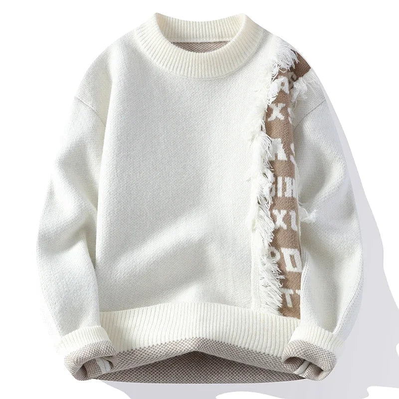 Bold contrast men's relaxed frayed sweater. Stylish long sleeve casual menswear, a unique statement piece.