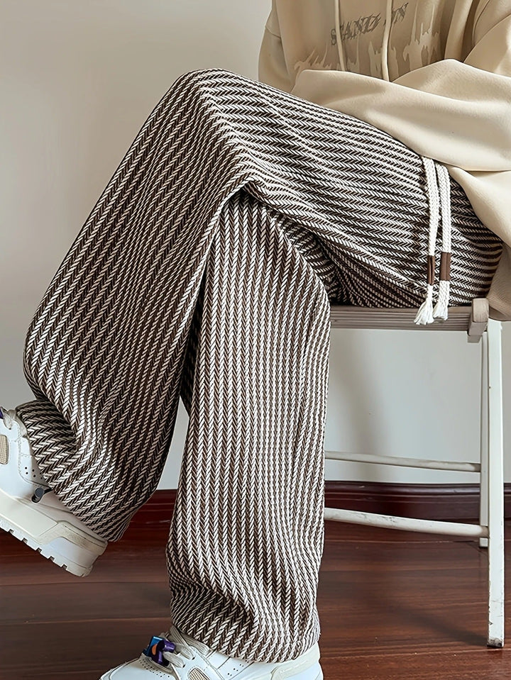 Comfortable men's relaxed fit brown herringbone design lounge pants, perfect for streetwear and casual wear.