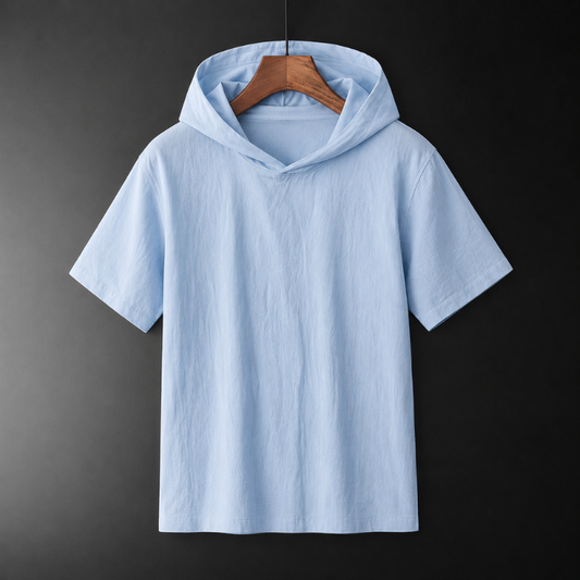 Men's relaxed fit hooded shirt with short sleeves, designed for breathable comfort & everyday style.