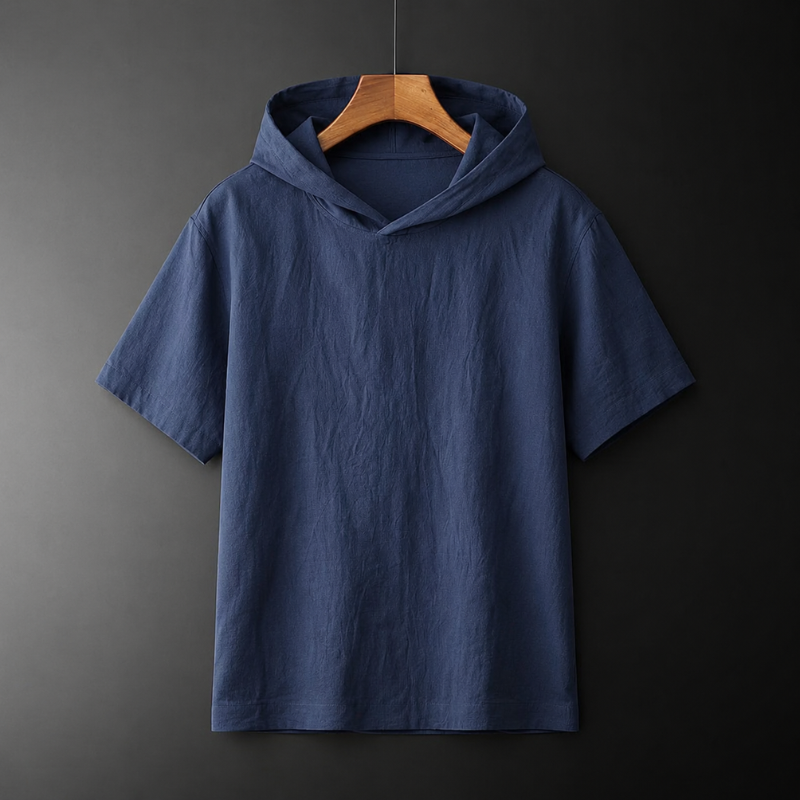Comfortable & breathable men's hooded shirt with a relaxed fit and short sleeves for warm weather.