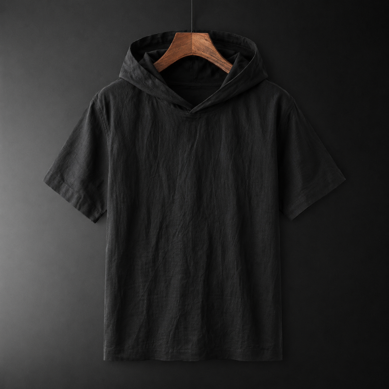 Versatile men's hooded shirt, relaxed fit, perfect for casual tops and comfortable summer wear.