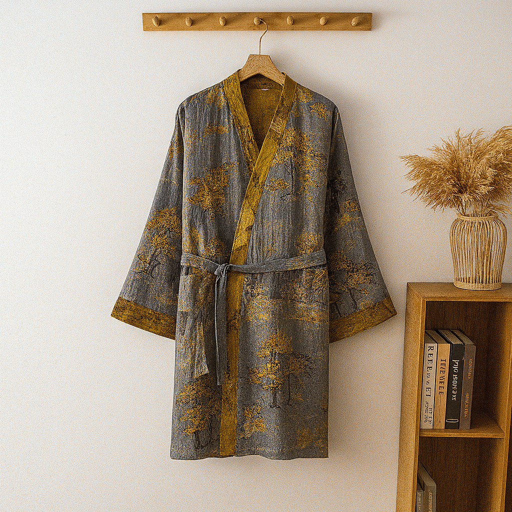 Stylish men's mid-length jacquard kimono robe. Perfect for relaxation & comfort as loungewear or sleepwear.