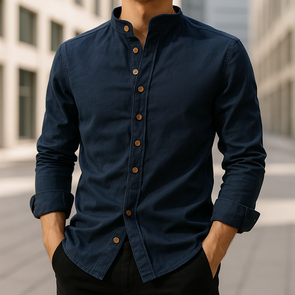 Men's relaxed fit Japanese style casual shirt with stand collar and long sleeves, perfect for summer.