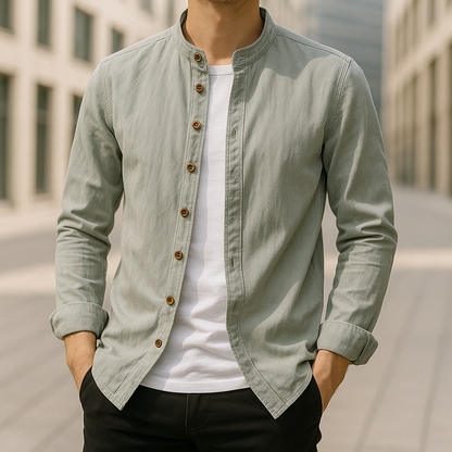 Modern men's Japanese style button-up shirt in a relaxed fit, featuring a stand collar and versatile design.