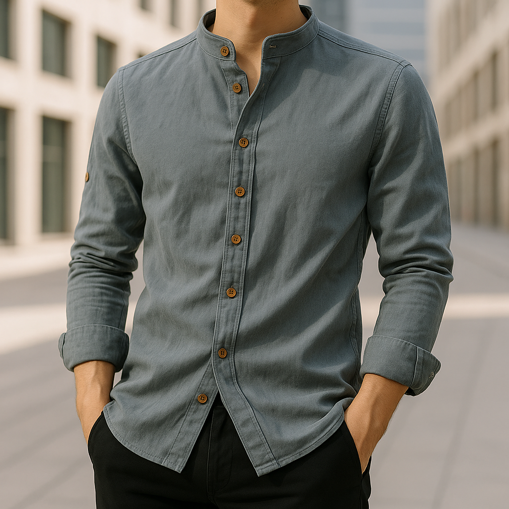 Stylish men's long sleeve Japanese style shirt in relaxed fit, ideal for smart casual everyday wear this summer.