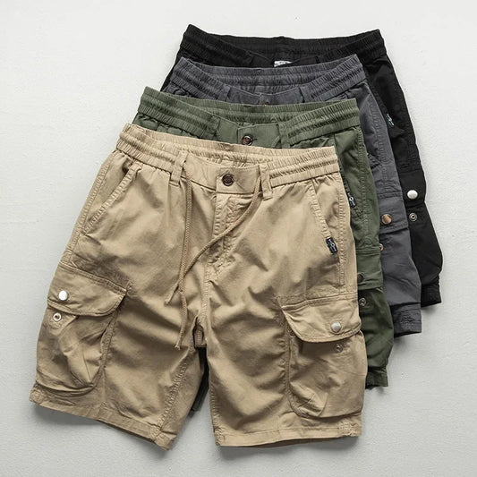 Men's relaxed fit khaki cargo shorts with drawstring waist for everyday comfort & casual summer wear.