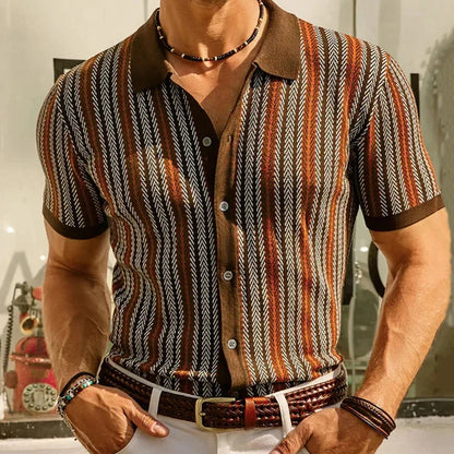 Men's relaxed fit knit button-up shirt. Comfortable fabric, perfect for casual everyday style.