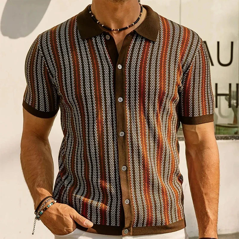 Sophisticated men's brown knit button-up shirt, relaxed fit for stylish casual wear & everyday comfort.