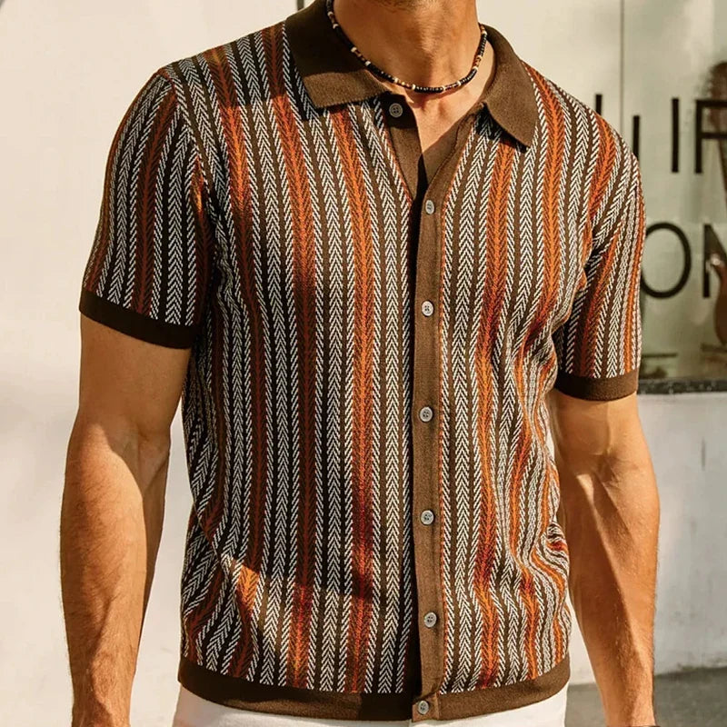Men's green relaxed fit knit button-up shirt. Comfortable casual wear for modern men's fashion.