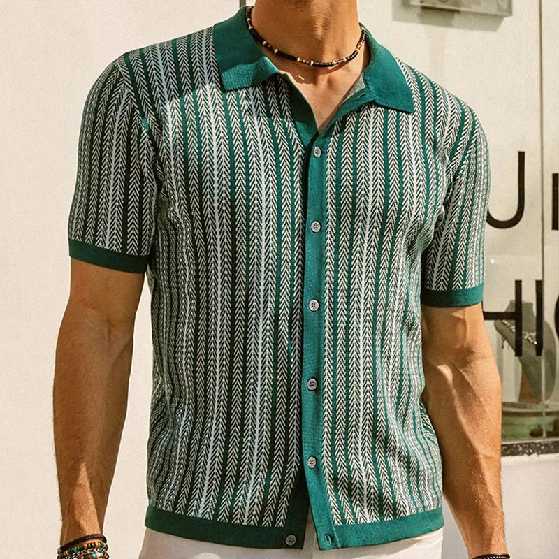 Navy blue men's relaxed fit knit button-up shirt, ideal for stylish comfort & casual occasions.
