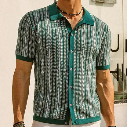 Navy blue men's relaxed fit knit button-up shirt, ideal for stylish comfort & casual occasions.