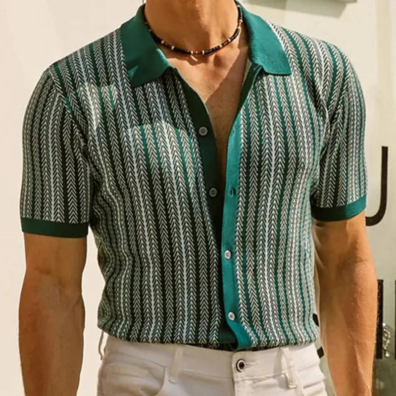 Versatile men's knit button-up shirt, relaxed fit design for sophisticated comfort & casual fashion.