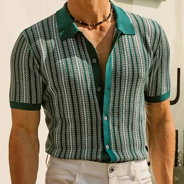 Versatile men's knit button-up shirt, relaxed fit design for sophisticated comfort & casual fashion.