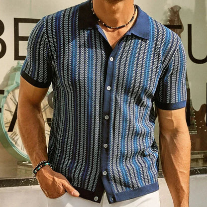 Men's comfortable knit button-up shirt, relaxed fit, offering sophisticated casual style for everyday wear.