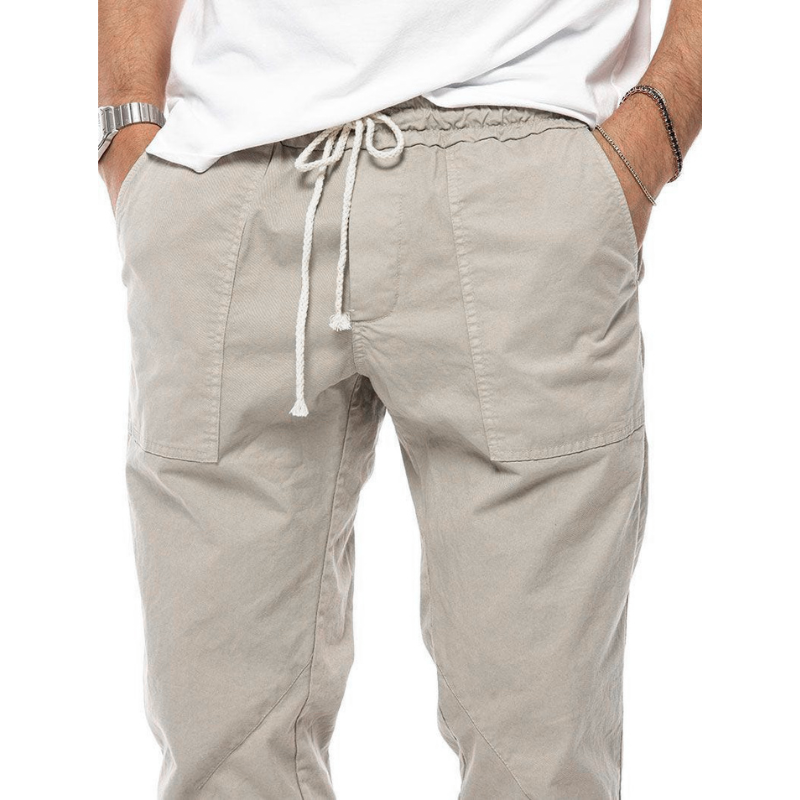 Lightweight men's linen blend joggers, relaxed fit summer pants, breathable for warm weather fashion.