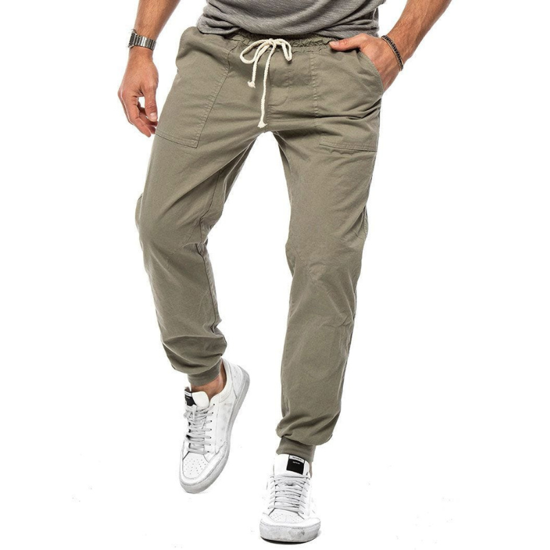 Men's relaxed fit linen blend joggers with stretch, ideal for athletic or comfortable daily wear.