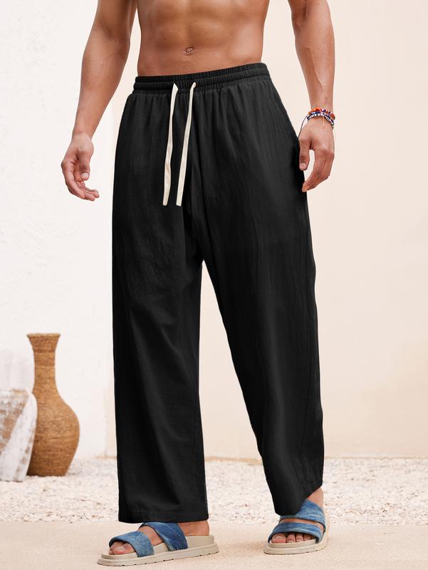 Men's relaxed fit linen blend lounge trousers, ideal for casual comfort. Drawstring waist, wide leg design.